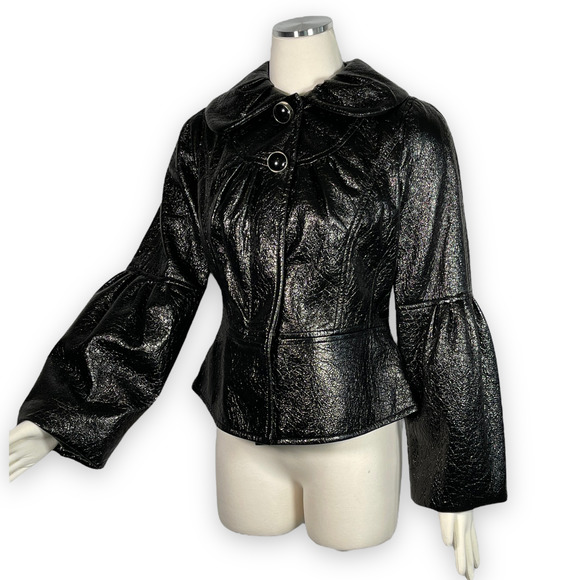 NWT Svetlana Unique Black Shiny Lame Bell Sleeve Button Front Jacket Wide Collar - Picture 1 of 13